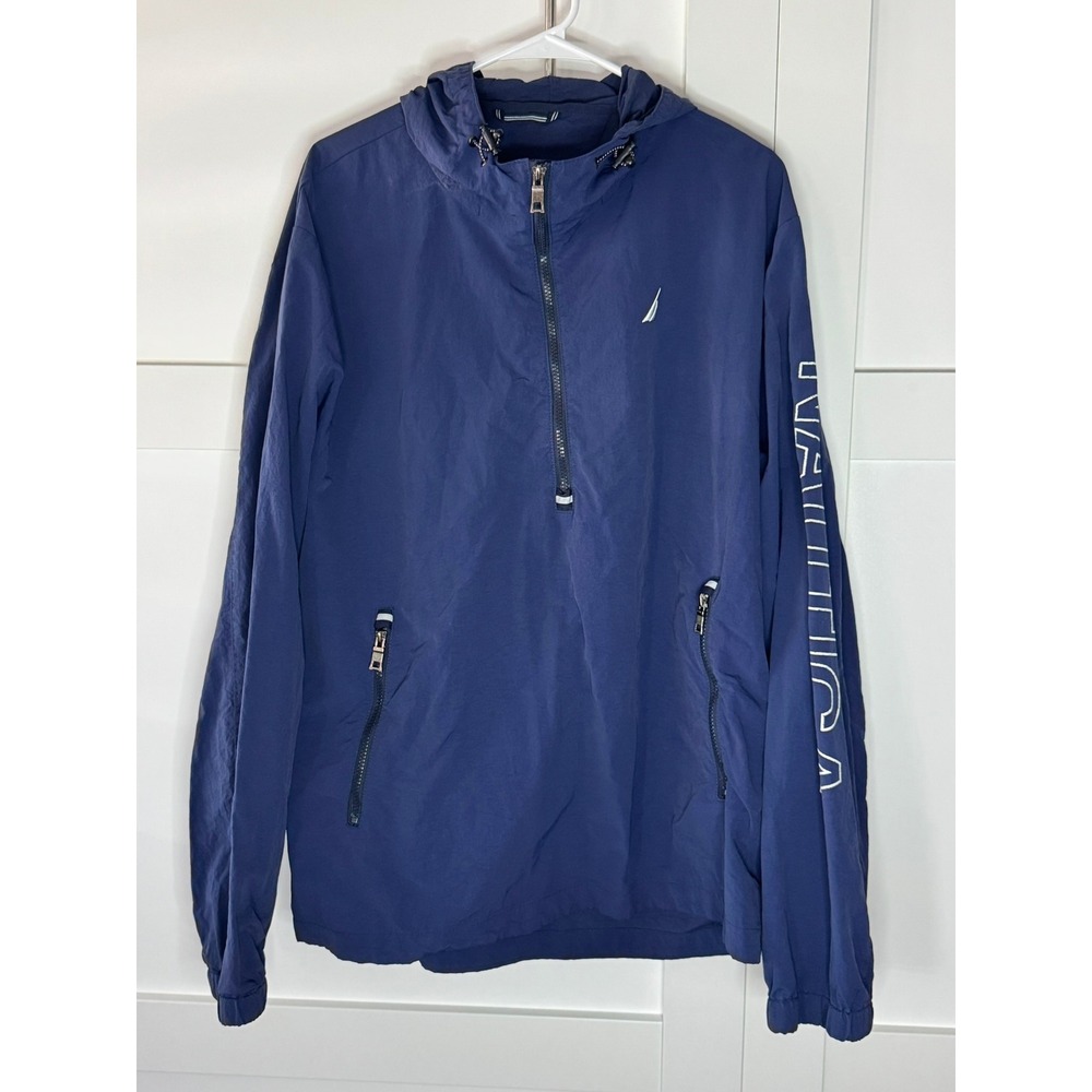 Nautica Mens Navy Blue Half Zip Hooded Windbreaker Jacket Logo Sleeve No Tag XXL